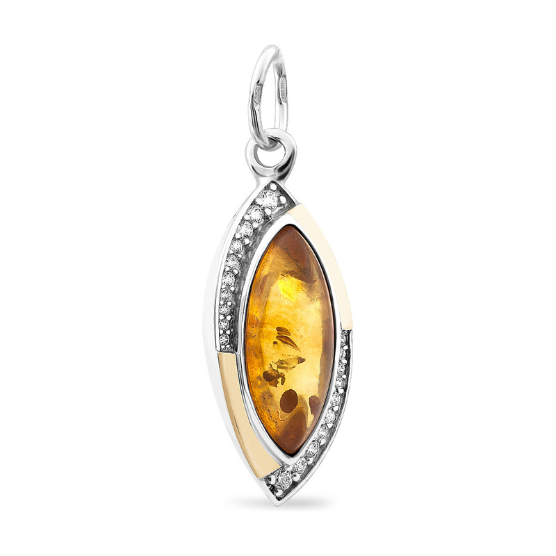Zawieszka srebra łezka z bursztynem, złotą blaszką i białymi cyrkoniami PX 522_AU375 blaszka gold