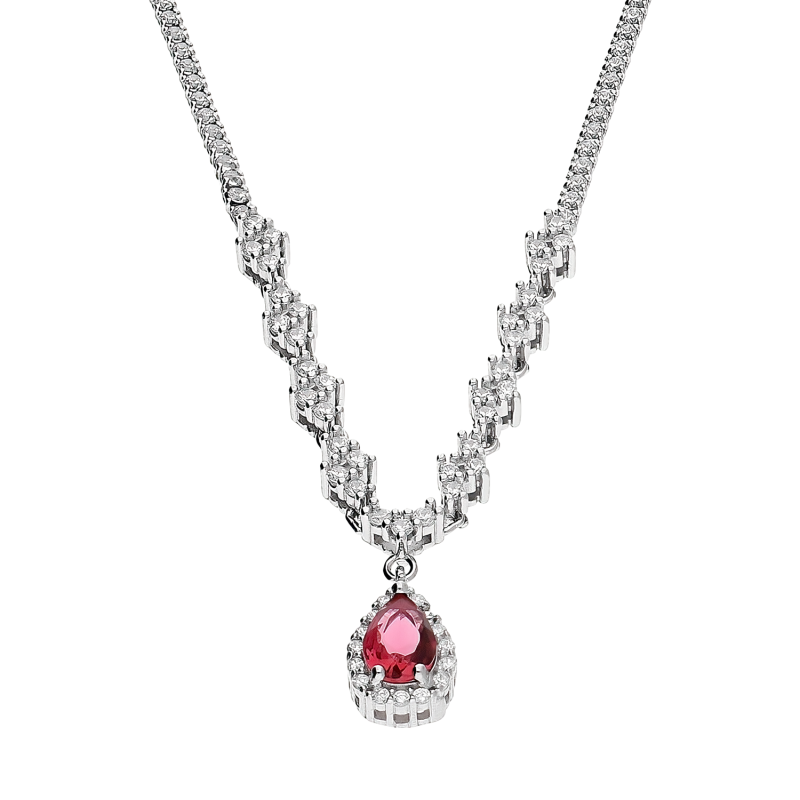 Naszyjnik srebrny kropla fuksja i białe cyrkonie HS1439 fuksja próba 925
