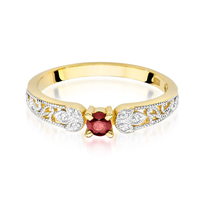 Pierścionek złoty z rubinem i diamentami BE W-411 RB obr.ornament próba 585