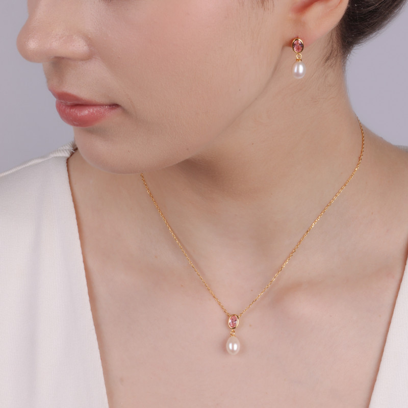 Naszyjnik pozłacany biała perła i różowa cyrkonia/anker NI ORZ00116-GIZ00105 GOLD próba 925