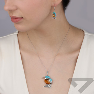 Srebrna Zawieszka Ptak z Bursztynem i Turkusem pr. 925 - JubilerSezam.pl