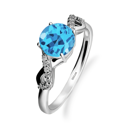 Srebrny Pierścionek z Topazem Swiss Blue i Diamentami - JubilerSezam.pl