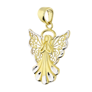Złoty Medalik Ażurowy Dwukolorowy Aniołek pr. 585 - JubilerSezam.pl
