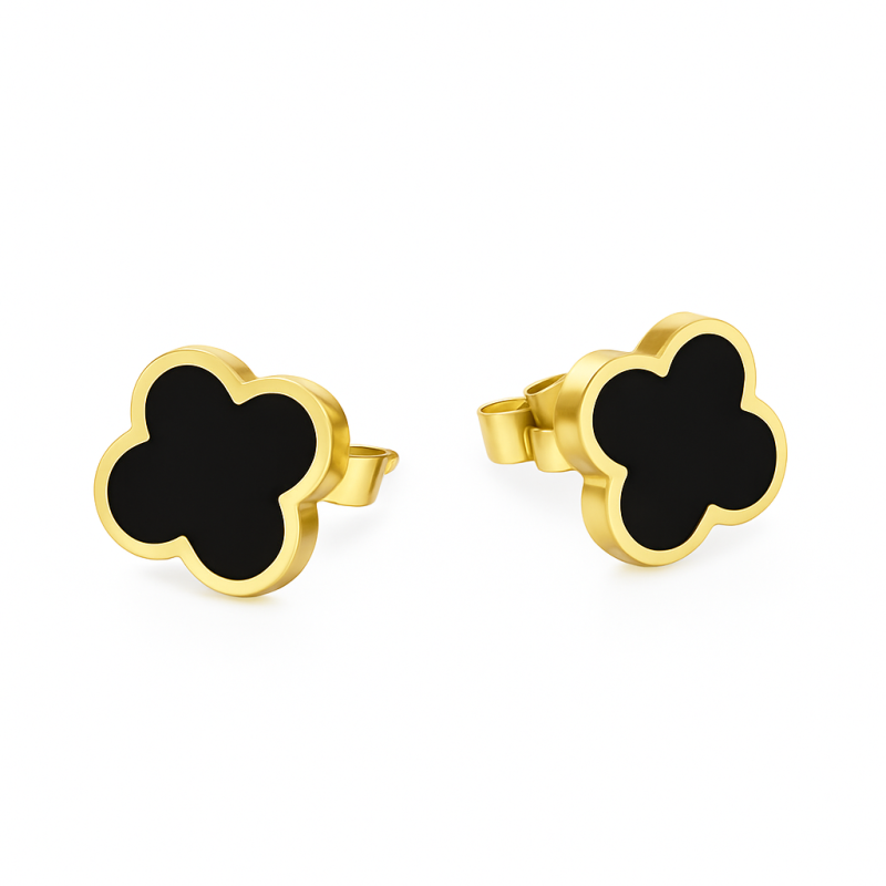 Złote Kolczyki Koniczynki z Czarną Emalią - JubilerSezam.pl