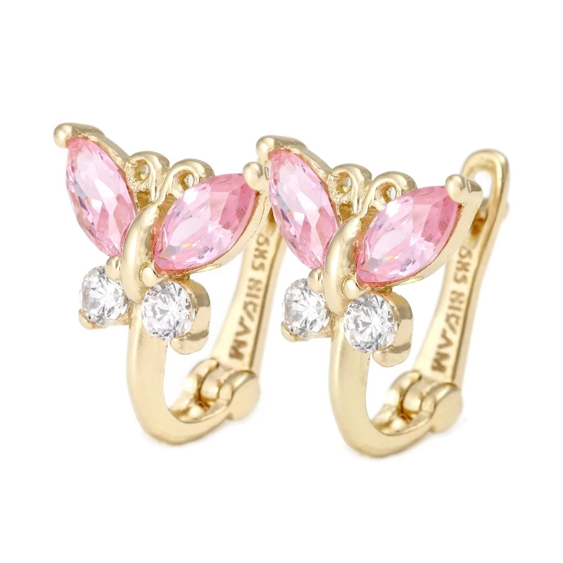 Złote Kolczyki Motylki z Różową Cyrkonią pr. 585 - JubilerSezam.pl