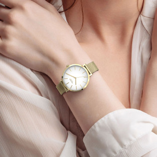 Cicada Milano – złoty zegarek damski z białą tarczą i bransoletą mesh