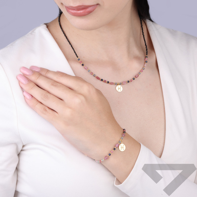 Bransoletka znak zodiaku Ryby z kamieniami naturalnymi srebro koloru złotego