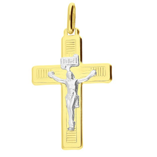 Krzyżyk złoty z Wizerunkiem ramiona kwadratowe dwa kolory próba 585