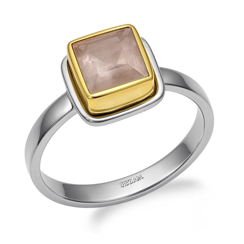 Pierścionek metaloplastyka z brassem i naturalnym kwarcem różowym