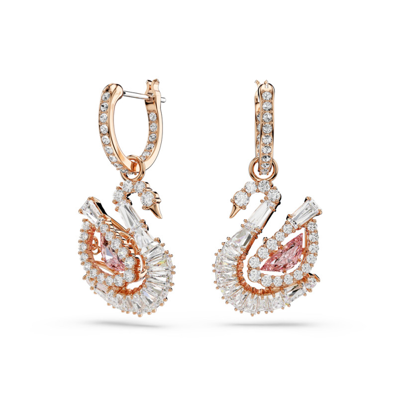 Długie kolczyki stalowe Swarovski Swan w kolorze różowego złota